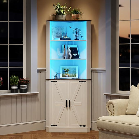 Farmhouse Corner Cabinet with LED Light, 67" Tall Bathroom Cabinet with 2 Doors and 3 Tier Shelves, Free Standing Corner Storage Cabinet for Living Room or Kitchen, White