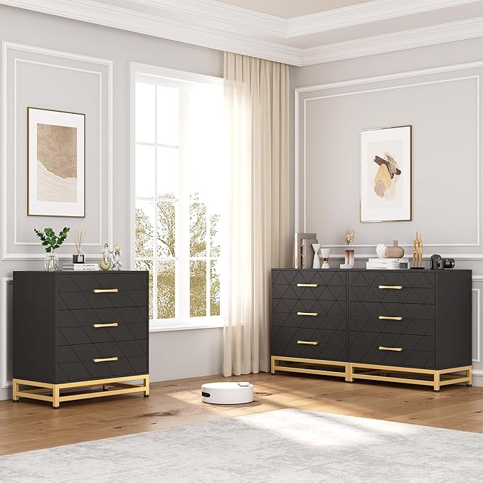 GarveeHome Wooden Dresser for Bedroom, Dressers & Chest of Drawers with 3 Drawer, Wood nightstand for Storage and Organization (Black)
