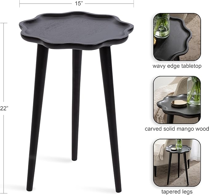 Kate and Laurel Alezar Modern Wooden Round Side Table; 15 x 15 x 22; Black; Solid Wood End Table with Wavy Edge for Bedroom Nightstand or Living Room Accent Table