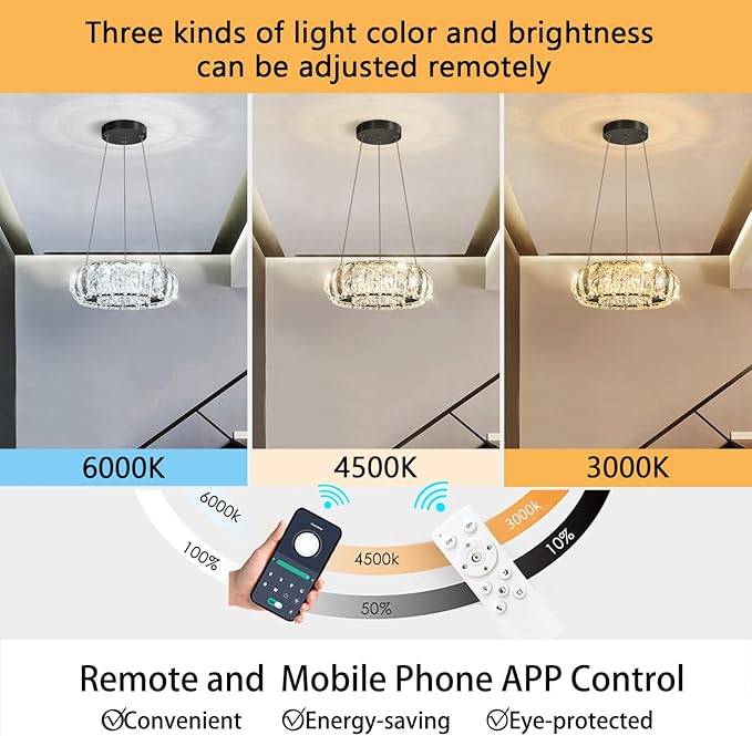 LED Ring Chandelier Modern Pendant Lights for Kitchen Island Dining Room Remote Dimmable Hanging Light Entryway Bedroom Crystal Lighting Black Chandeliers