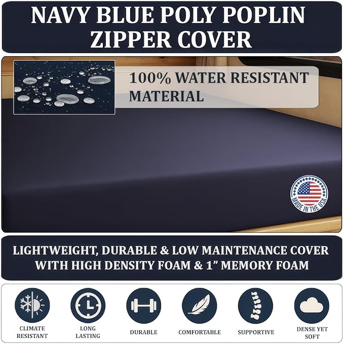 Foamma 12” x 36” x 75” High Density Gel Memory Foam RV Bunk Mattress Foam Replacement Topper with Polyester Navy Blue Cover for Camper, Truck, Travel Trailer, Firm, Water Resistant, Made in USA