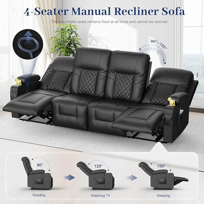 FURNIMAT Oversized Recliner Sofa, 4 Seats Dual Reclining Sofa, PU Leather Loveseat Couch, Modern Recliner Chair for Living Room, with Cup Holder and 2 Cell Phone Holders, USB Ports, Black