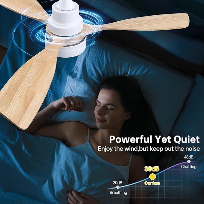 CACI Mall 48 inch Ceiling Fans with Lights, Smart Indoor/Outdoor Ceiling Fan, Remote Control, Compatible with Alexa/Google, Small 3 Blade Solid Wood Ceiling Fans for Bedroom Patio