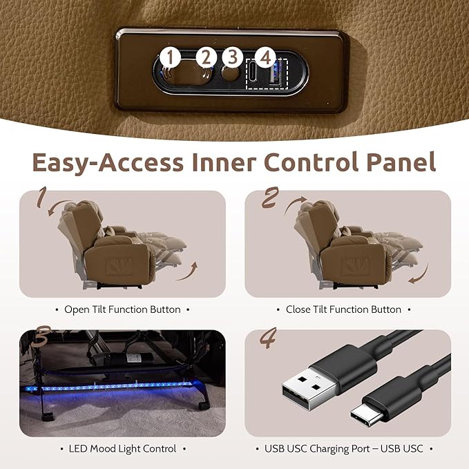 SAMERY Power Loveseat Recliner Sofa, Wall Hugger Reclining Loveseat Sofa, Movie Home Theater Seating with Flip-Backrest, Solid Wood Top, Ambient LED Lights, USB-C, Outlets, Faux Leather, Khaki | Extra Wide Seat, Plush Padding, Dual Power Recline, Flip-...