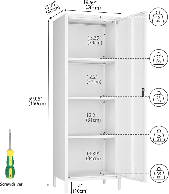 Metal Storage Cabinet, Steel File Locker with 3 Shelves 59.06-inch high for School, Living Room, Bedroom, Office (White, H59.06'')
