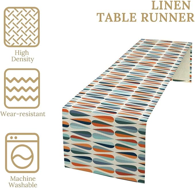 Modern Mid Century Table Runne Retro Blue Orange Grey Water Droplets Geometric Table Runner for Kitchen Dining Room Dining Table Decoration 13x70in