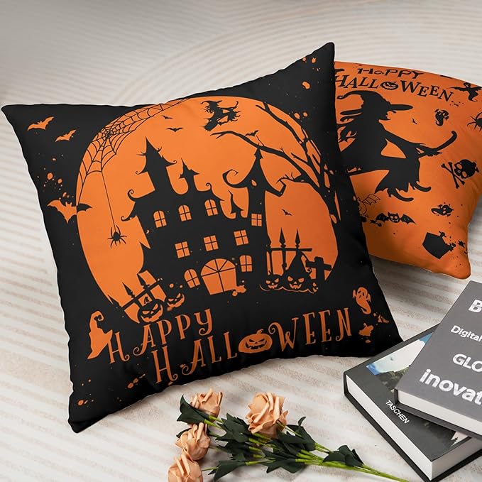 Happy Halloween Pillow Covers 18x18 Set of 2 Witch Castle Spider Web Decorative Pillows Covers Orange and Black Pillow Covers Halloween Decoration for Living Room Sofa