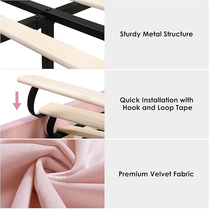 Keyluv Queen Led Car Bed Frame with Wheels Decor & Adjustable Curved Headboard Modern Upholstered Platform Bed with Detachable Pillows Solid Wooden Slats Support No Box Spring Needed, Velvet Pink