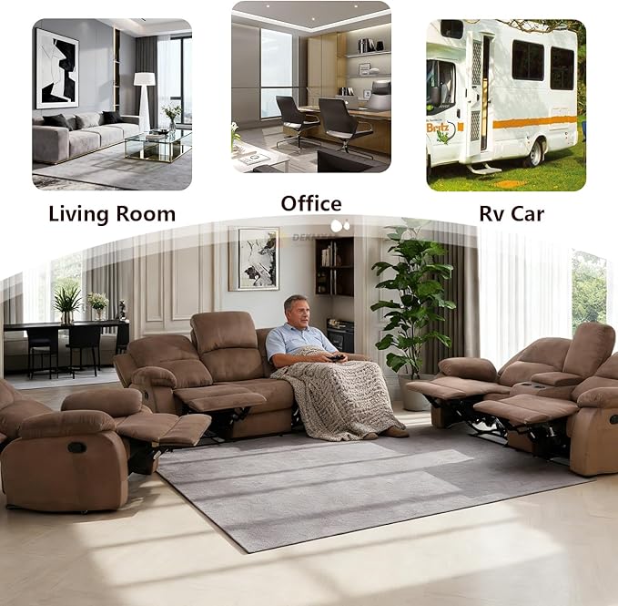 Fabric Recliner Sofa Set Manual Reclining Sofa Set Living Room Furniture Sets Modern Reclining Couch Set with Cup Holders/Storage Console/Drop Down Table for Home/Office (Chocolate, 3PCS Set)