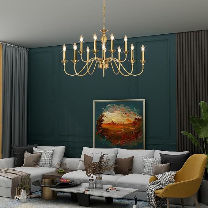 12 Light Gold Farmhouse Chandeliers for Dining Room Light Fixtures Over Table,Industrial Candle Hanging Chandelier for Living Room Foyer Staircase Bedroom Kitchen Island Restaurants