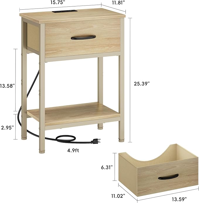 Vagusicc Nightstand with Charging Station, End Table with Fabric Drawer, Small Side Table with 2-Tier Storage Shelves, 25.4" Tall Night Stand, Bedside Table for Bedroom, Living Room, Dorm, Natural