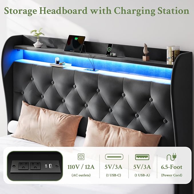 King Size Bed Frame with Tall Headboard, Velvet Upholstered Platform Bed with LED Lights & Charging Station, 52.7"-55" Adjustable/Modern Tufted Wingback Storage Headboard, No Box Spring Needed, Black