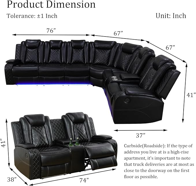 Power Reclinier Sectional Sofa Set,Black Leather Reclining Sectional Modular Sofa Set with Loveseat,L Shaped Leather Couch with LED Light for Living Room/House/Apartment/Lounge(L+Loveseat)