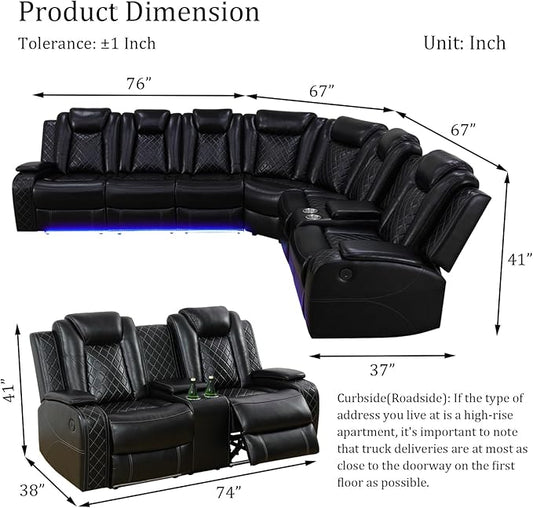 Power Reclinier Sectional Sofa Set,Black Leather Reclining Sectional Modular Sofa Set with Loveseat,L Shaped Leather Couch with LED Light for Living Room/House/Apartment/Lounge(L+Loveseat)