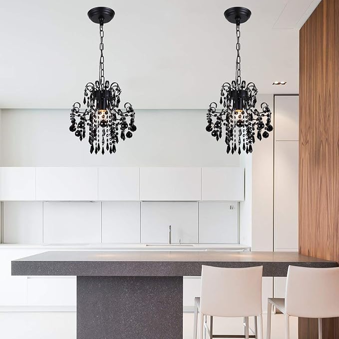 Q&S Mini Crystal Chandelier, Modern Black Small Chandelier 1-Light Crystal Pendant Light Fixture for Princess House Nursery Girls Hallway Entryway Bedroom Foyer Bathroom Kitchen W11.8 UL Listed