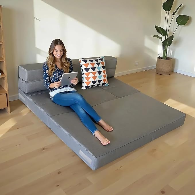 ARTPLAN Convertible Folding Sofa Bed, High-Density Memory Foam Sofa with a Fluffy Pillow, Modern Futon Floor Couch Guest Twin Bed for Living Room/Dorm/Guest Use/Home Office/Apartment,Light Gray
