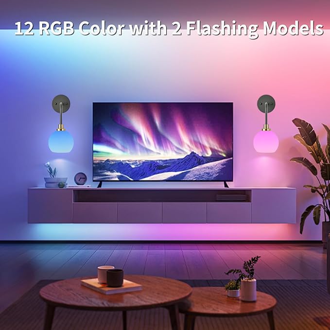 Battery Operated Wall Sconces Set of 2, Black Gold Rechargeable Wireless Wall Lights with Milky White Shade, 12 RGB and 3CCT Dimmable Wall Lamps with Remote for Bedroom Living Room Hallway