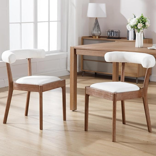 Kmax Dining Room Chairs Mid-Century Modern Fabric Kitchen Chairs with Natural Walnut Finished Frame, Linen Curved Back, Set of 2, White