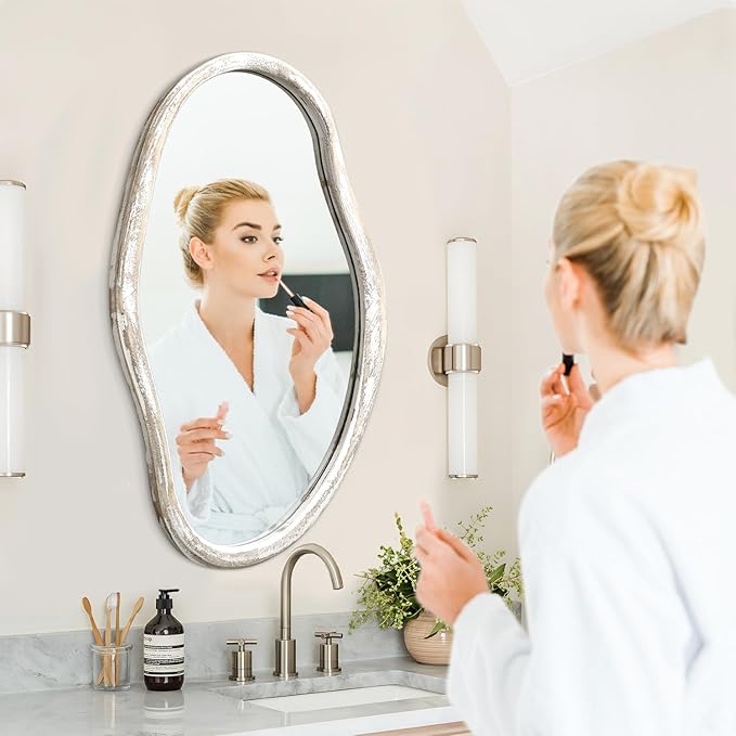 JJUUYOU Asymmetrical Mirror Modern Irregular 34"x22" Large Wall Mounted Mirror with Wooden Frame for Bathroom Bedroom Living Room Hallway Mirrors White
