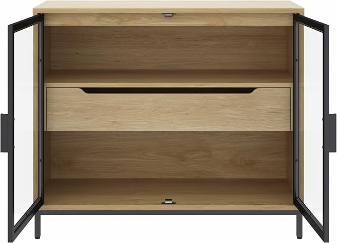 Nathan James Mackenna Metal and Glass Sideboard Accent Cabinet with Two Doors, Oak Credenza for Kitchen or Living Room