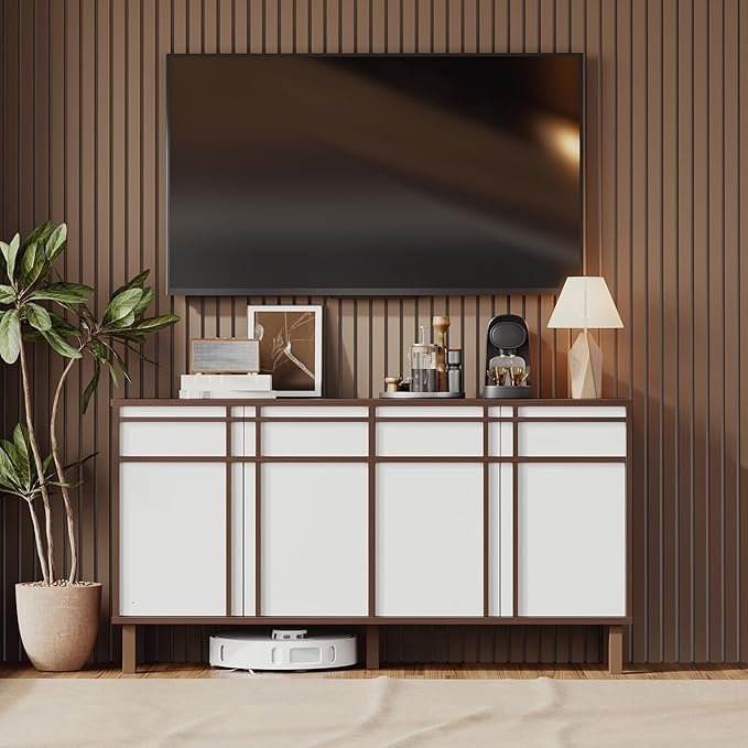 58" Sideboard Buffet Cabinet with Storage, 4 Doors and 3 Drawers, Adjustable Shelves, Wooden Mid Century Coffee Bar Cabinet for Kitchen, Living Room, Entryway, Walnut/White