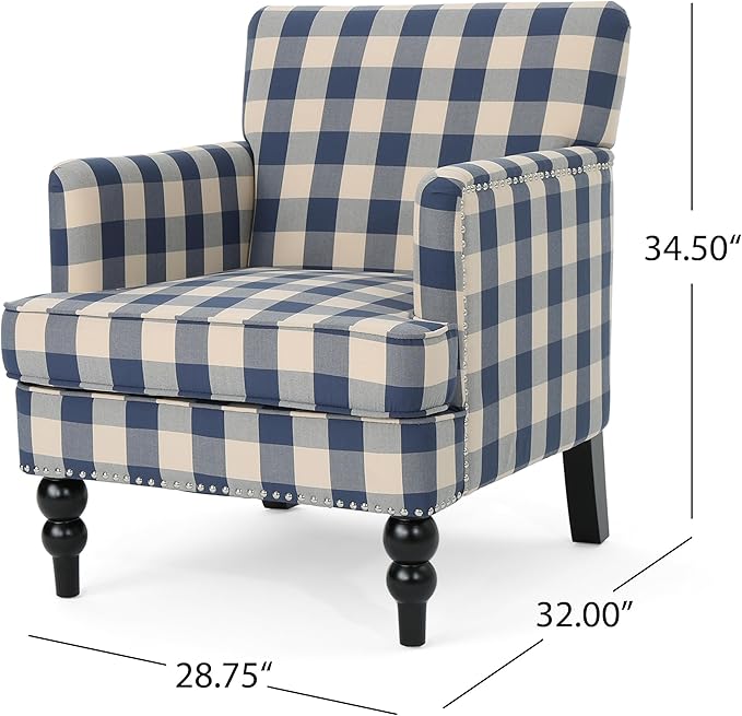 Christopher Knight Home Eve Modern Upholstered Club Chair, Wooden Living Room Accent Chair, Comfy Bedroom Reading Chair, Multifunctional Armchair, Blue Checkerboard