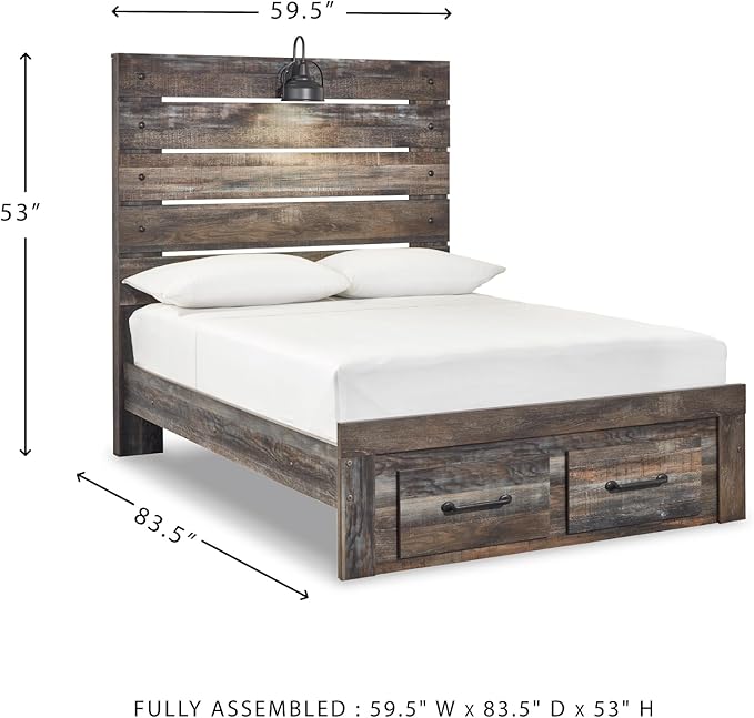 Signature Design by Ashley Drystan Rustic Full Panel Bed with 2 Storage Drawers, Sconce Light and Nailheads, Foundation or Box Spring Needed, Dark Brown & Gray