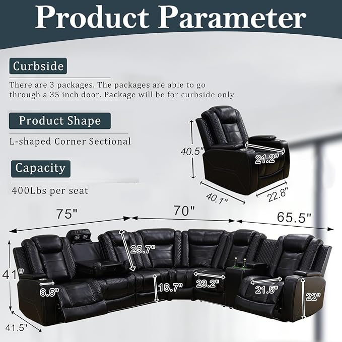 Power Recliner Sectional Sofa Set, Black Leather Sectional Couch and 2 Chairs for Living Room, L Shape Reclining Sofa with Cup Holder, Hidden Storage, Drop-Down Table for House(7 Seat)