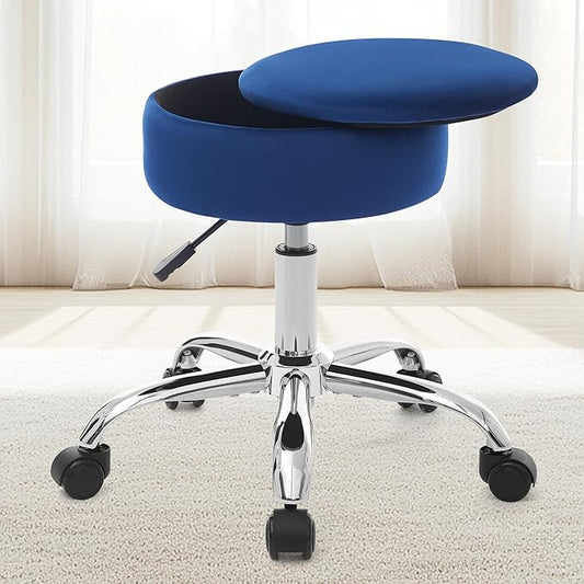Adjustable Vanity Stool with Storage Rolling Vanity Chair with Wheels Swivel Vanity Stool Chair for Vanity Makeup Stool Blue