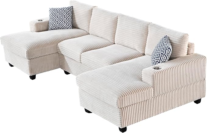 Ball & Cast 124" U-Shaped Sectional Sofa Couches for Living Room with Double Chaise,Cup Holders & Pillows,4 Seat Striped Corduroy Upholstered Modern Modular Sectional Sofa Set,for Home,Office,Beige