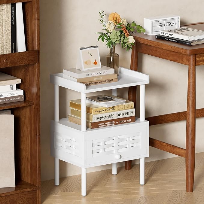 Amazer Bamboo Nightstand with Charging Station, Bedside Table with USB Ports & Outlets, End Table, Night Stand for Bedroom Lift-Up Drawer & Open Shelf, White