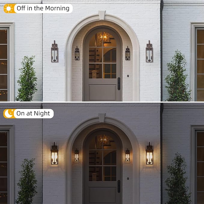 OKELI 17.6" 2-Pack Dusk to Dawn Outdoor Lighting, Large Exterior Porch Lighting 2-Light Farmhouse Outside Lantern Lights with Clear Glass Waterproof Wall Sconces Lamp for House Garage, Brown