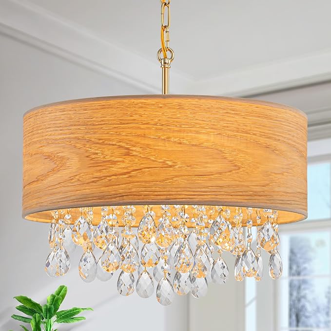 4-Light Drum Wood K9 Crystal Chandeliers, Nature Boho Style Pendant Light Fixture for Dining Room, Living Room, D18 x 21~68"(Adjustable), Solid Wood Lampshade & Gold Finish