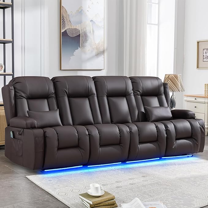 IPKIG Power Recliner Sofa with Flip-Up Backrest Console, USB & USB-C Ports, AC Outlet, LED Lights, Wall Hugger Recliners for Living Room, RV (Brown, 98.7" - 4 Seat) | Faux Leather, Zero Gravity, Dual Reclining, 2 Lumabr Pillow
