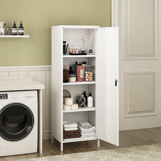 Metal Storage Cabinet, Steel File Locker with 3 Shelves 59.06-inch high for School, Living Room, Bedroom, Office (White, H59.06'')