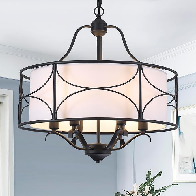 20" Large Black Drum Chandelier - 6 Lights Adjustable Height Modern Farmhouse Pendant Light Fixtures with White Fabric Shade for Kitchen Island Vintage Foyer Entryway Living Room Bedroom