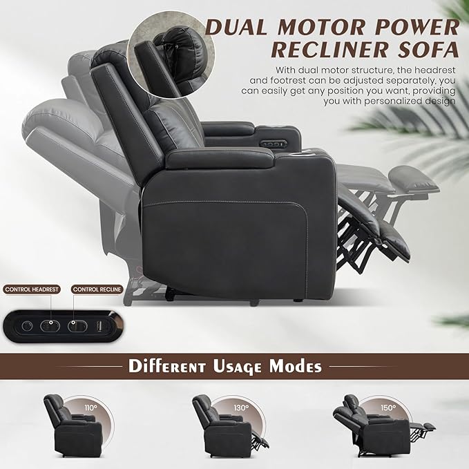 Power Reclining Sofa with Adjustable Headrest/LED Light, Electric Reclining Couch with Dual Ports, Storage, Outlet, Power Loveseat Recliner Sofa for Living Room,Apartment (Dark Grey, 3 Seater)