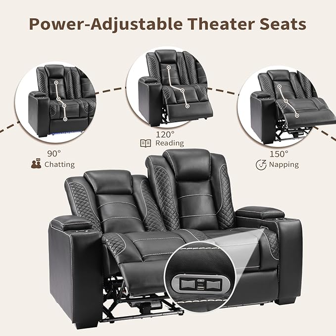 ANJ Power Reclining Loveseat, 2-Seater Electric Recliner Sofa with LED Lights, USB Charging & Cup Holders, Faux Leather Living Room Furniture for Home Theater, Small Spaces & RV (Black)
