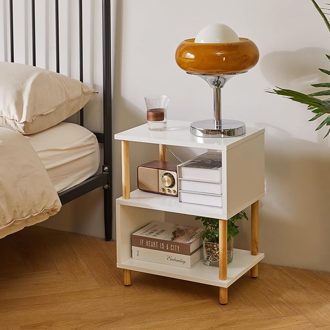 White Night Stand with Open Storage Shelf, Wood Nightstand S Shape, Bed Side Table 3 Tier 20 inch high, End Table White/Natural Wood YD-TM152W