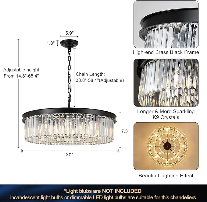 30'' Modern Crystals Chandelier 12-Light Large Black Crystal Chandeliers for Entryway 3-Tier K9 Crystal Ceiling Pendant Light Fixture for Living Room Dining Room Foyer Kitchen Bedroom