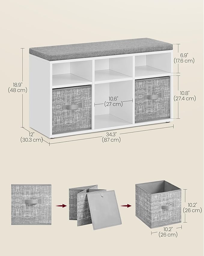 VASAGLE Shoe Bench with Cushion, Shoe Storage Bench with 6 Compartments and 3 Adjustable Shelves, Entryway Bench with 3 Storage Boxes, for Bedroom, Closet, Living Room, Cloud White ULSB101W14