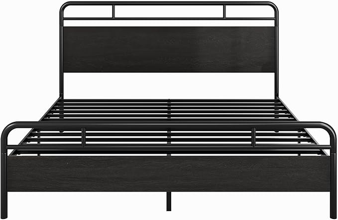 SHA CERLIN King Size Bed Frame with Vintage Industrial Wood Headboard, Heavy Duty Metal Platform with 12" Under-Bed Storage, Mattress Foundation, No Box Spring Needed, Noise-Free, Easy Assembly, Black