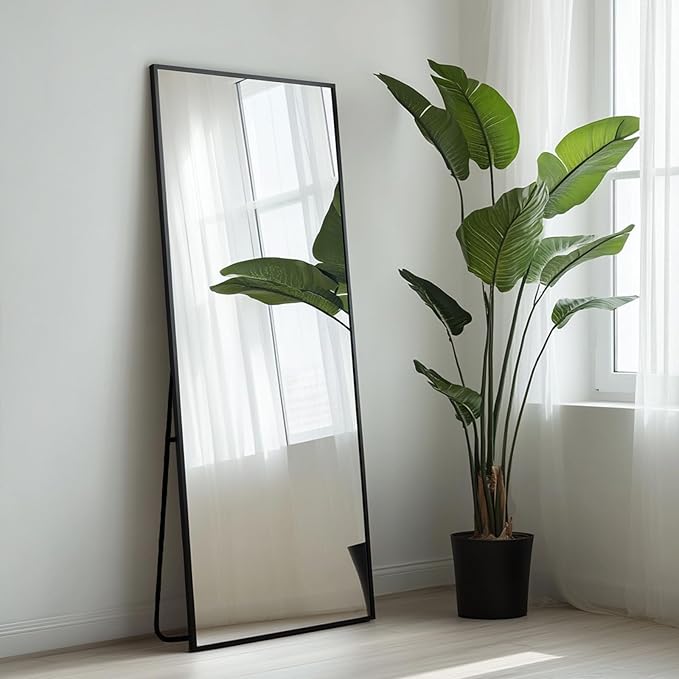 Floor Length Mirror, Wall Mirror Full Length with Aluminum Metal Frame, Floor Mirrors for Nursery, Baby Room, Bathroom, Entryway. (48x16 inch, Black)
