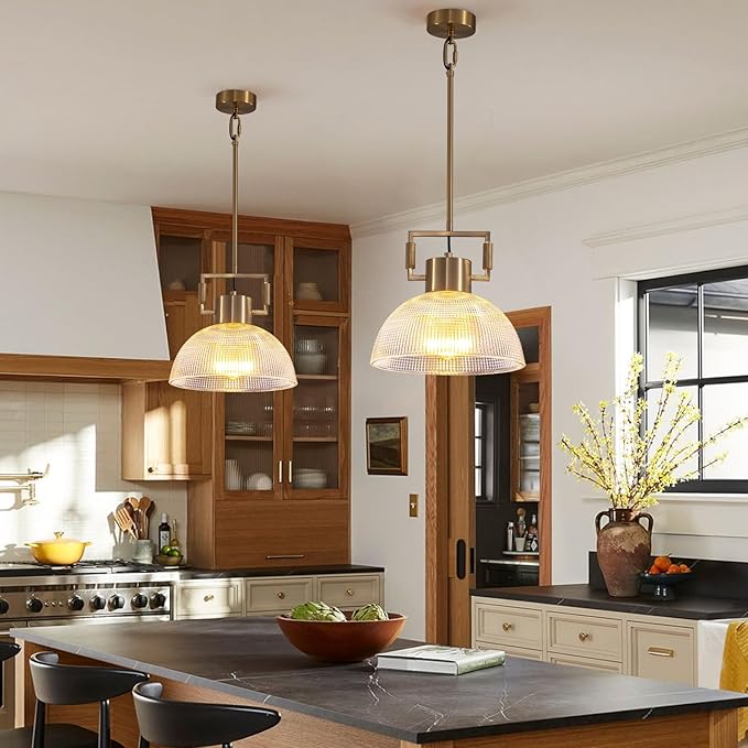 Pendant Lights Kitchen Island, 11.8" Gold Glass Pendant Lights Modern Vintage Fluted Large Dome Shade Brass Island Lights for Kitchen Dining Room Hallway Bedroom Restaurant.