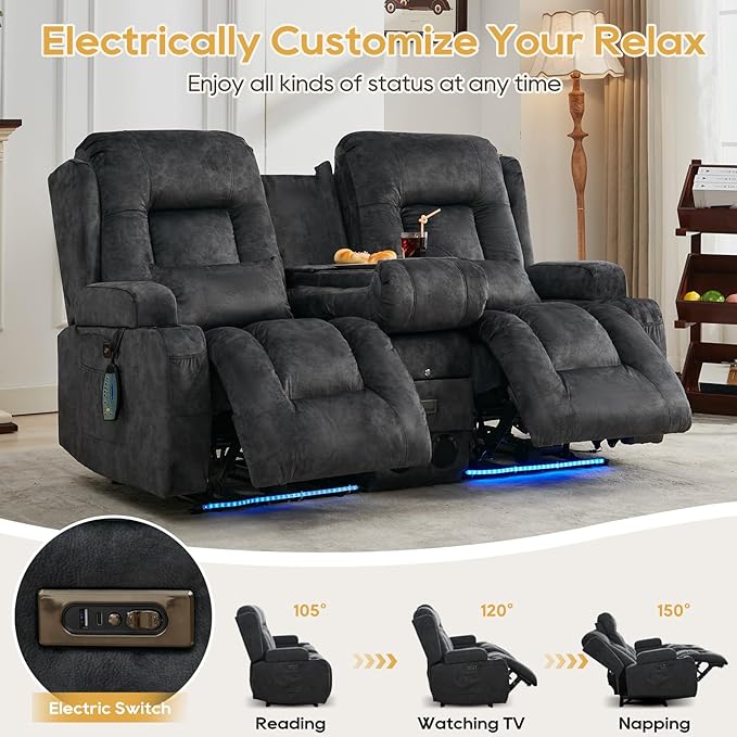IPKIG Power Recliner Sofa with Flip-Up Backrest Console, USB & USB-C Ports, AC Outlet, LED Lights, Wall Hugger Recliners for Living Room, RV (Drak Grey, 67" - 3 Seat) | Velvet Fabric, Zero Gravity, Dual Reclining, 2 Lumabr Pillow, Bluetooth Speakers