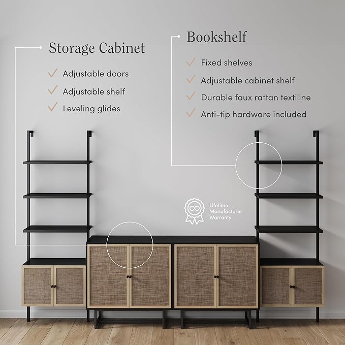 Nathan James Kova Boho Rattan and Wood TV Wall Shelving Unit Accent Storage Cabinet in Black Wood and Rattan with Metal Frame and Cane Doors, Black Oak/Cane