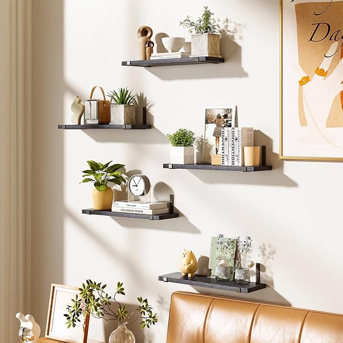 Fixwal Floating Shelves Set of 5, Width 4.7 Inches Black Wall Shelves, Rustic Wood Wall Storage Shelves for Bedroom, Living Room, Kitchen, Bathroom, Home Decor, Laundry Room, Office and Plants (Black)