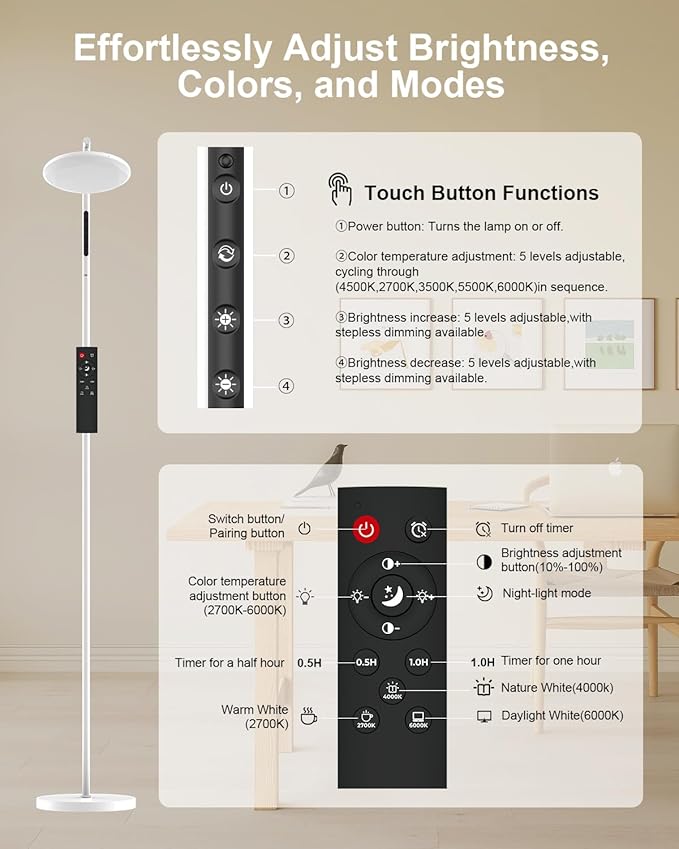 LED Floor Lamp, 32W Super Bright Standing Lamp with Remote Control, Modern Dimmable 69" Torchiere Tall Lamp, 350°Rotating Head Reading Floor Lamp for Living Room, Bedroom, Office, White