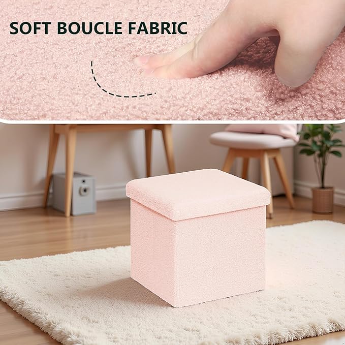 15in Small Storage Ottoman Foldable Sherpa Top Storage Bench,Foot Rest/Step Stool for Bedroom Dorm Entryway, Space Saving for Small Spaces-Pink