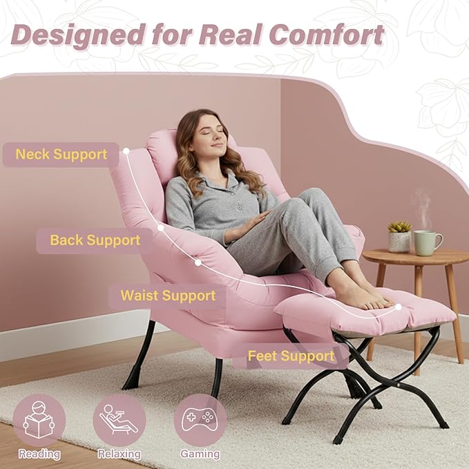 Cozy Lazy Chair with Ottoman, Large Contemporary Accent Peach Pink Chair Set, Leisure Upholstered Reading Armchair for Office, Bedroom, Living Room, Dorm Rooms, Balcony